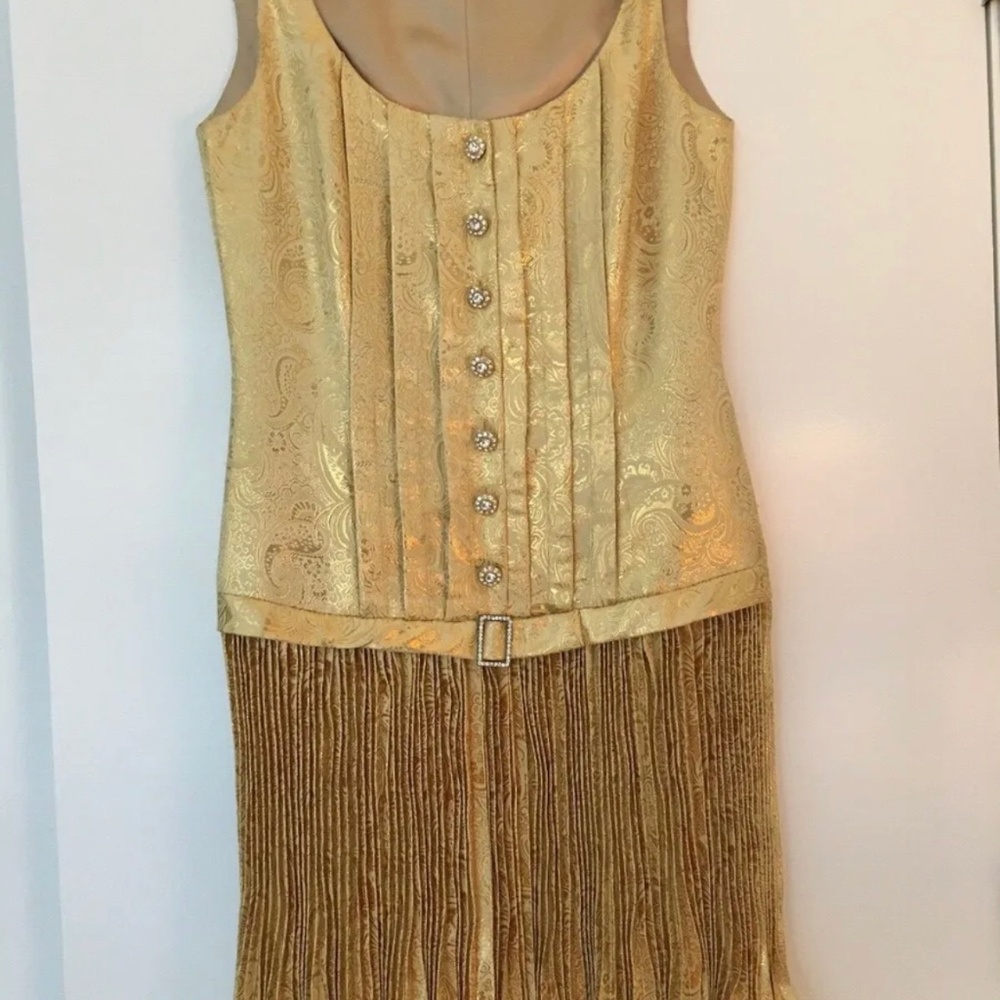 Betsy Johnson New York  vintage gold paisley dress 1920s style drop waist size 6